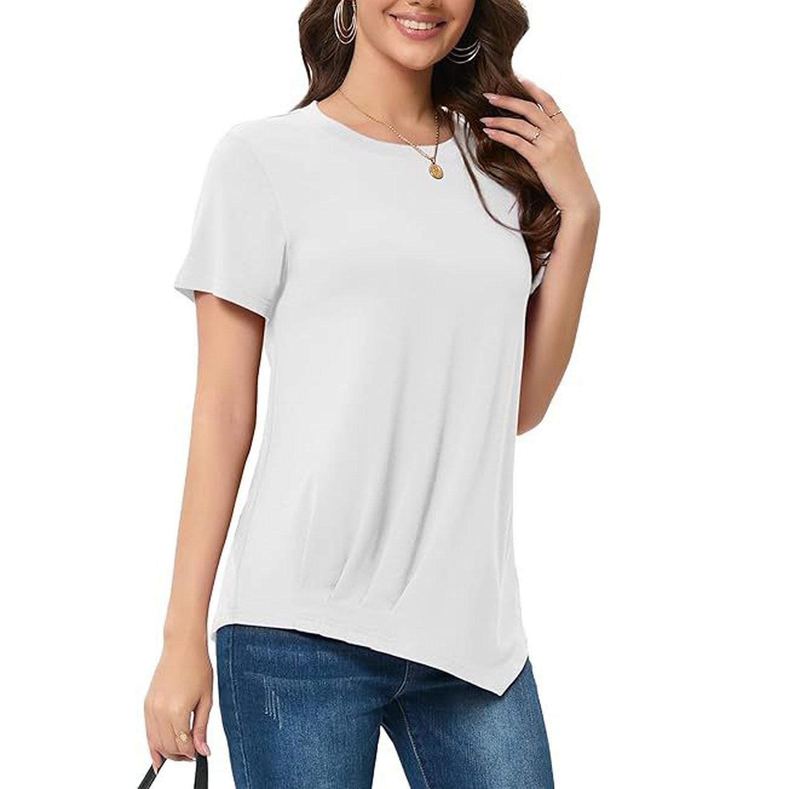 

Женские летние топы с короткими рукавами, однотонные рубашки с круглым вырезом, повседневные футболки XL белый