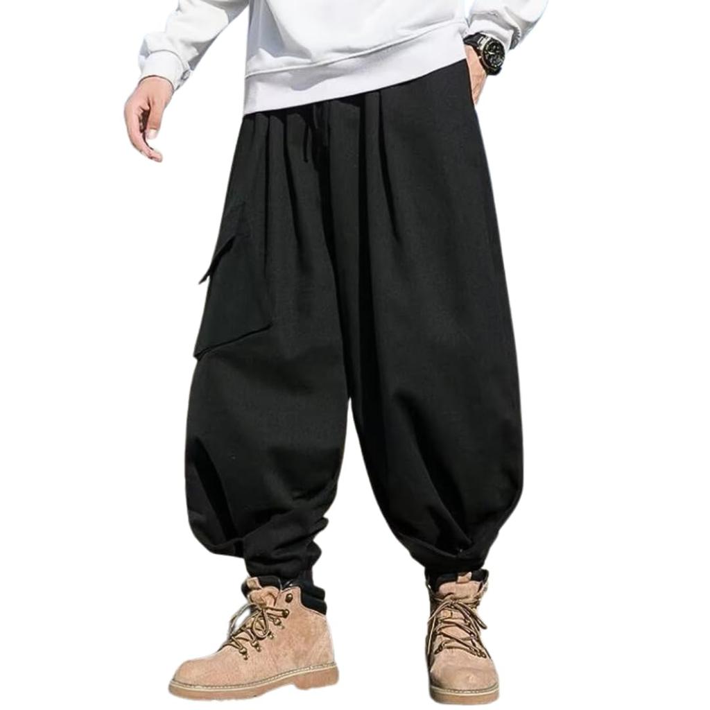 VIVEL Sarouel Plus Aladdin Loose Comfortable and Solid Elastic Ribbed Winter Bottoms Men's Pants, Size, Pants, Fit, Tie-Down Hems, Breathable,