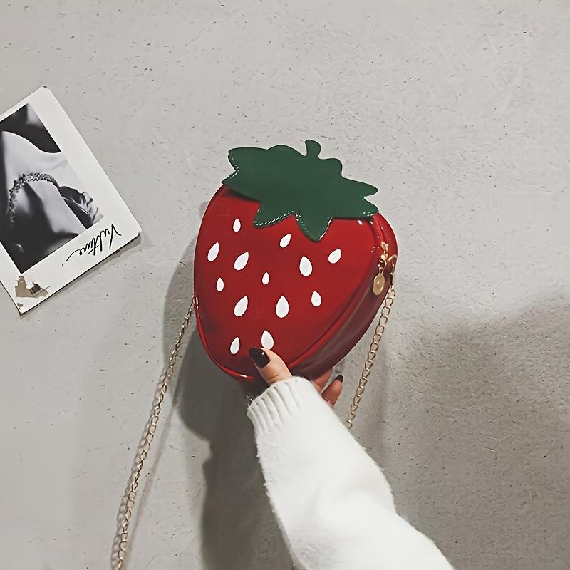 Summer Red Chic Strawberry-Shaped Crossbody Bag for Women Cute with Green Leaves & White Dots, Golden Chain Strap, Novelty Purse