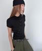 CHICKS Wrap Button Shirred Slim Short Sleeve Hoodie Black