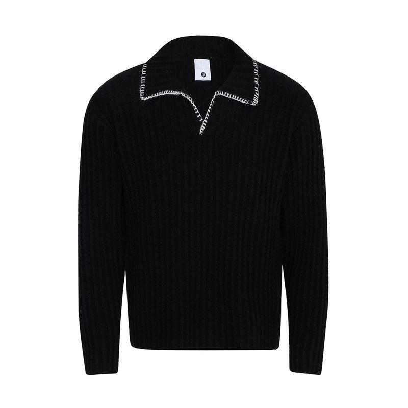 Blaexit Hand-Stitched Old Money Style Black V-Neck Striped Knit Sweater for Men, Early Autumn Regular Shoulder Long-Sleeve T-Shirt