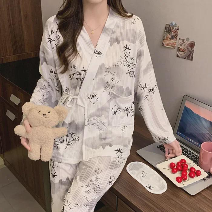 

Женский пижамный комплект-кимоно: Милый кардиган в японском стиле с V-образным вырезом, длинными рукавами и брюками, идеально подходит для домашней одежды весной и осенью. L