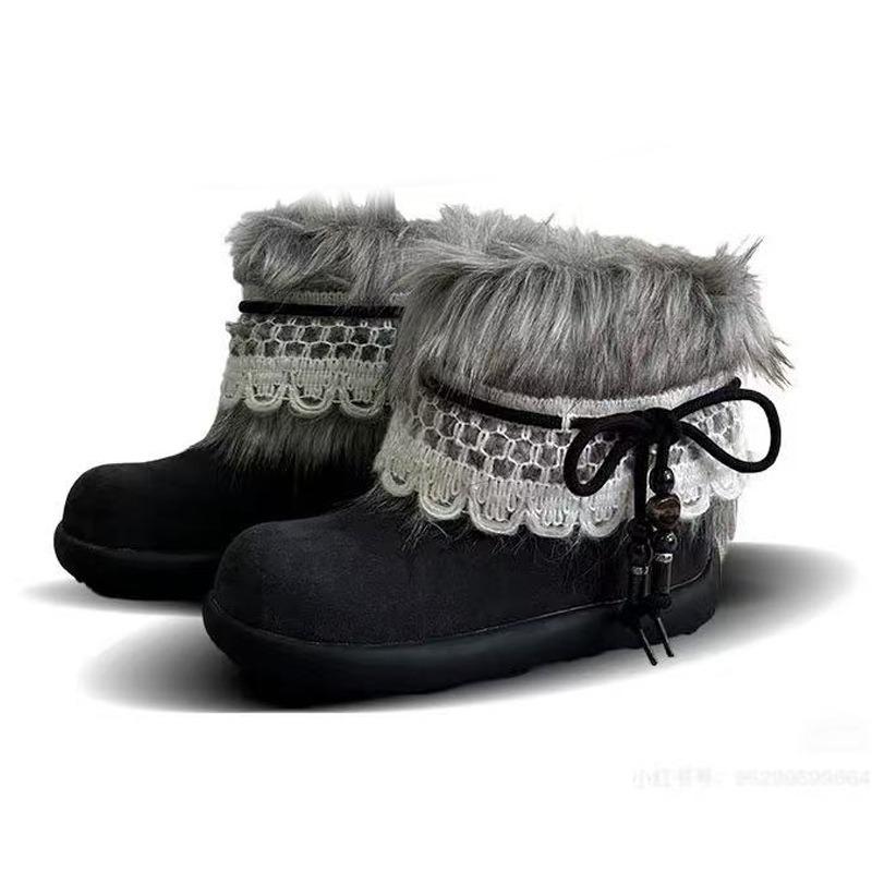 

Women s Large Size Fur Mouth Thick Sole Soft Sole Winter Warm Fur Snow Boots Padded Lined Ankle Boots Non-Slip Hiking Sports Cotton Boots 35 черный серый