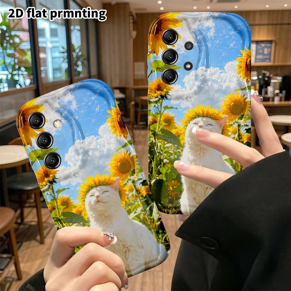 Phone Case: 2D Flat Samsung Galaxy A34 A35 M05 M06 S20 S22 S21 FE Plus 5G Protective Case, Flower Sea Little White Cat, Perfect Holiday Gift for Chris