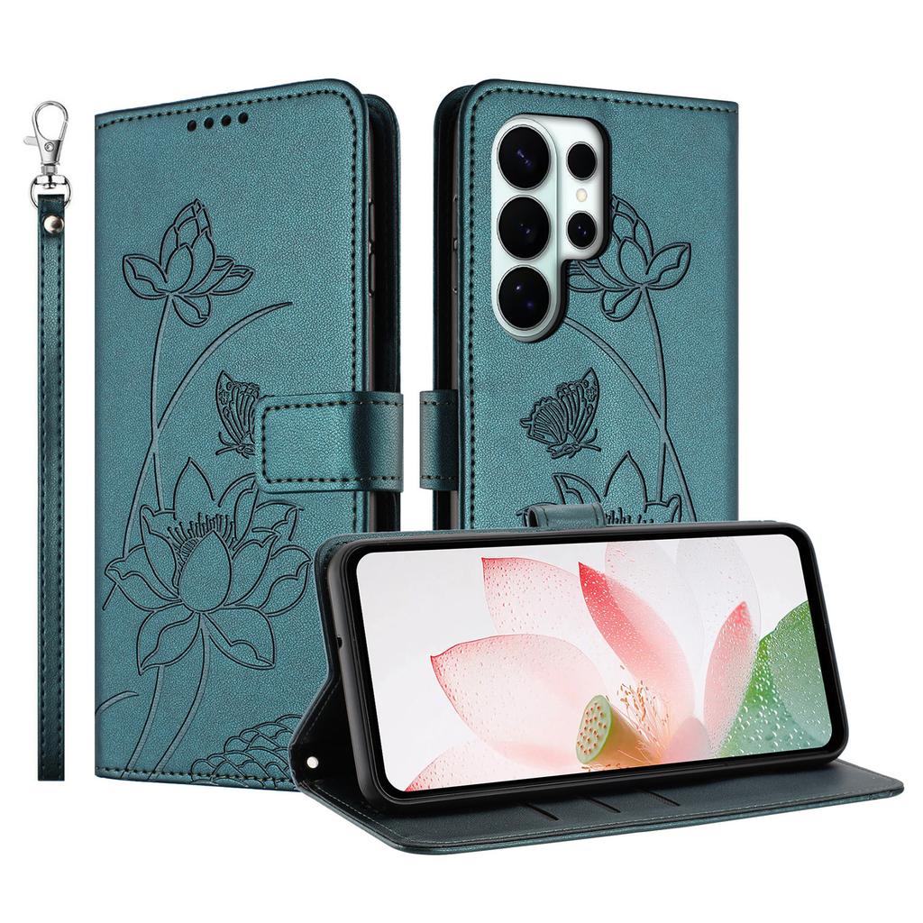 For Samsung Galaxy S26 Ultra Case Wallet Stand Lotus Imprint Leather Phone Cover with Wrist Strap