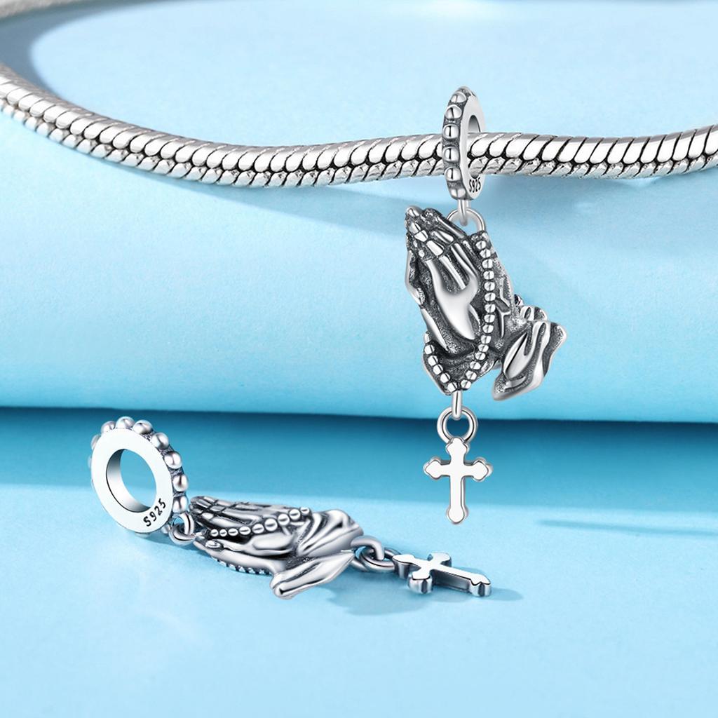 Copper Blush Puff Brush Prayer Hand Chain Charms Beads Pendant For Original Bracelet Woman Girl Jewelry