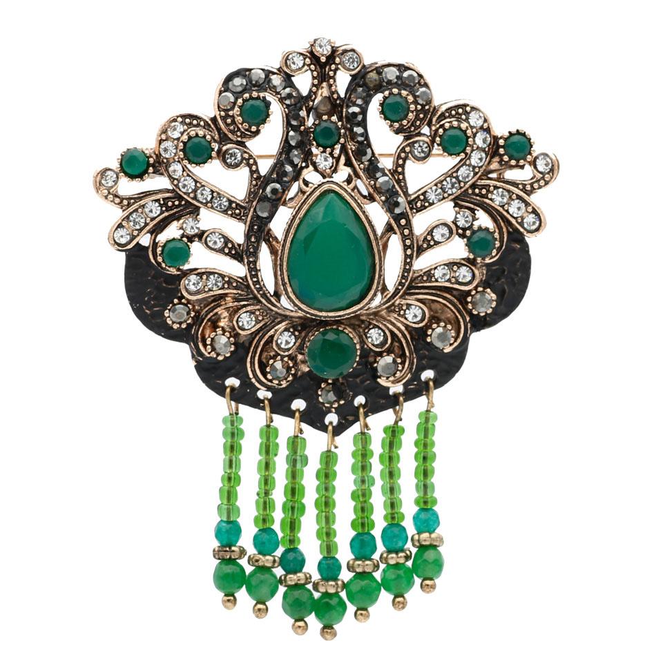 Vintage Bead Resin Brooch Jewelry Antique Gold Color Black Paint Hollowed-out Flowers Ethnic Wedding Badge Gift