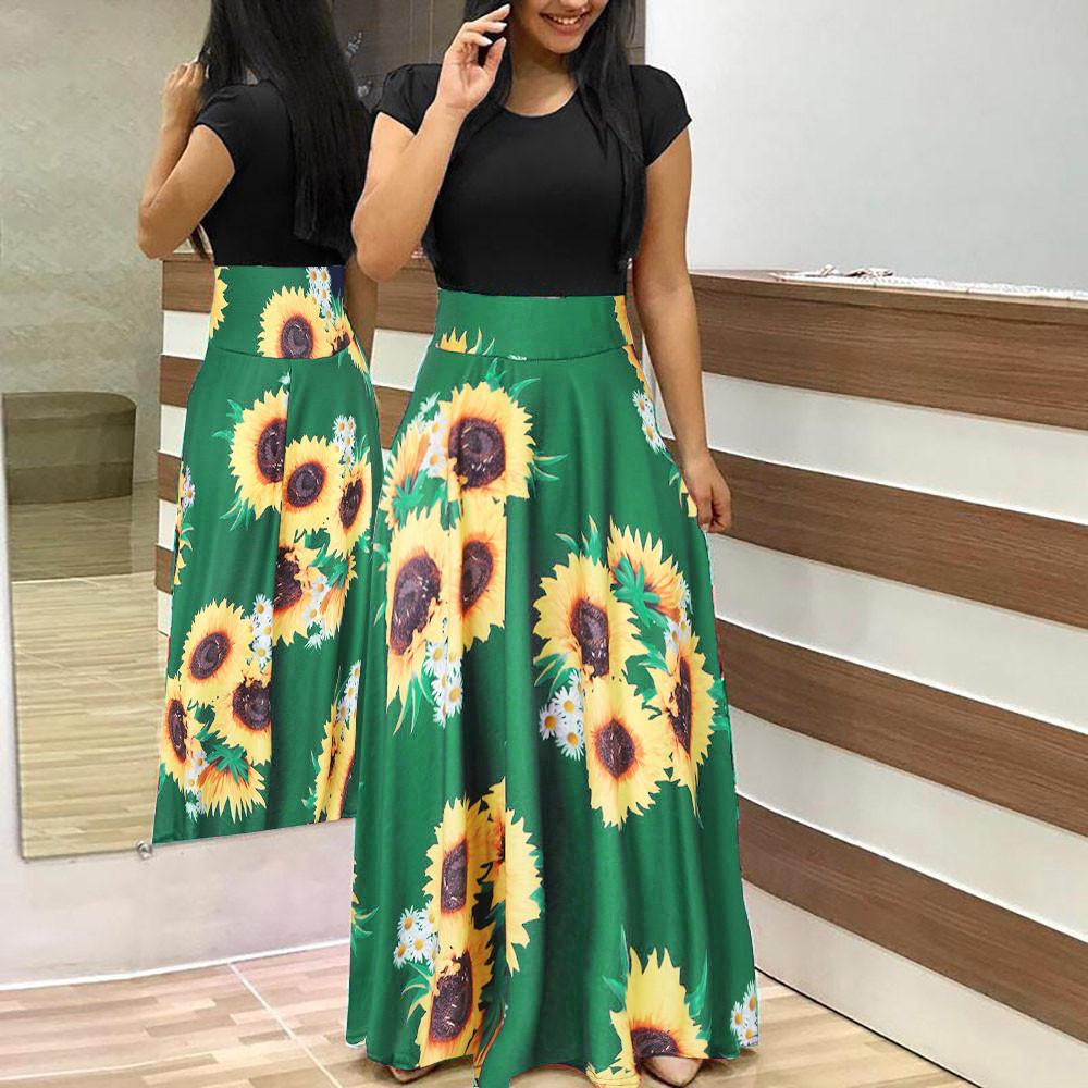 

Женский летний сарафан с коротким рукавом и принтом подсолнуха, повседневное свободное платье, платье макси L зелёный