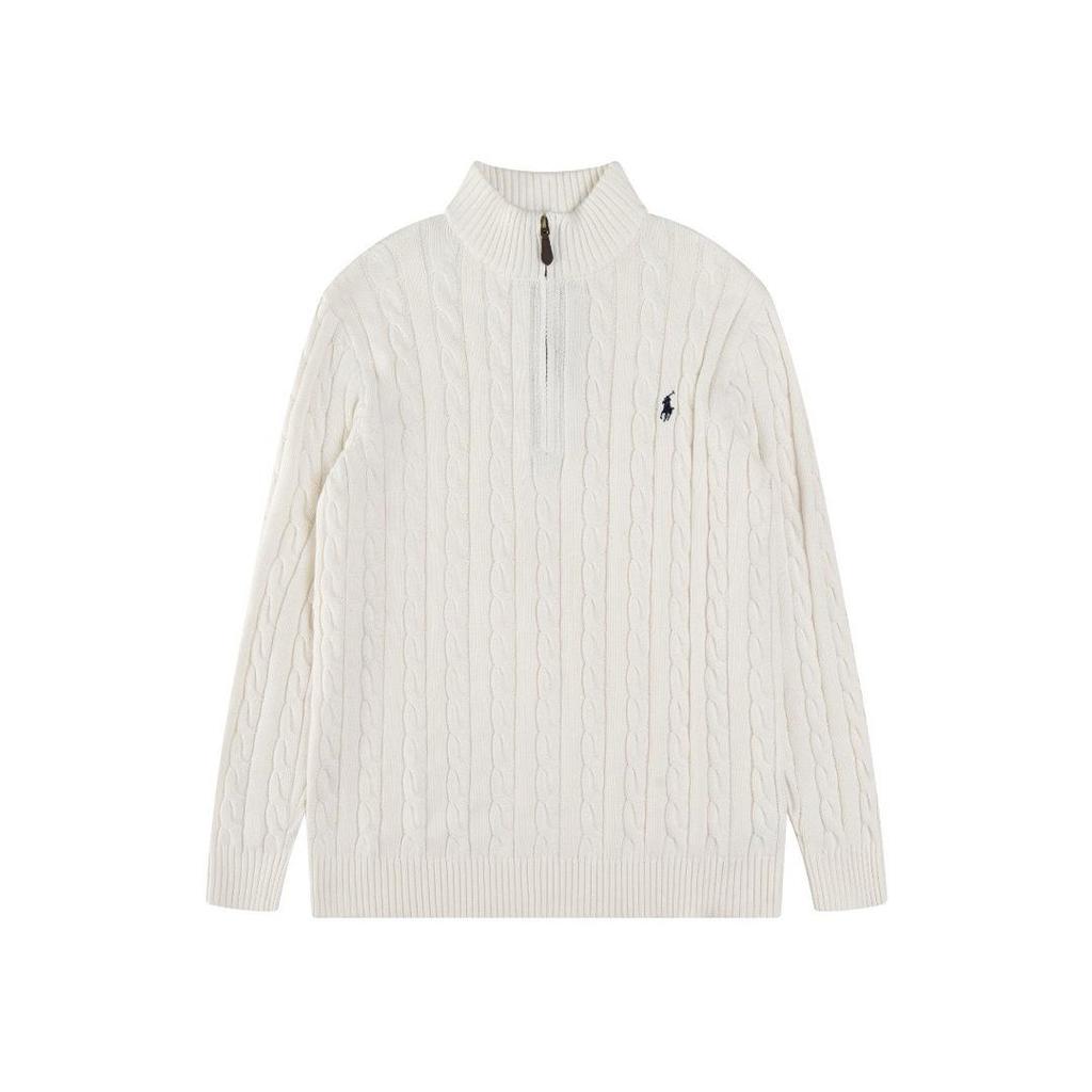 Herren Zopfmuster Pullover mit halbem Reißverschluss und gesticktem RL Pony Logo