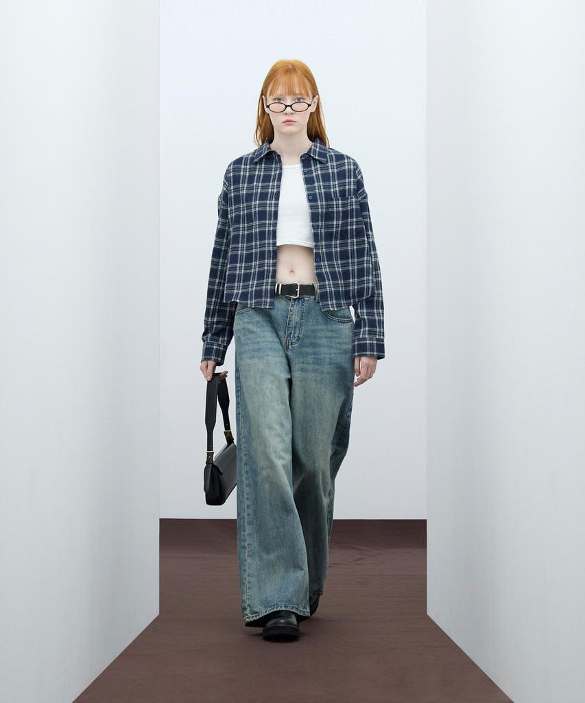 VIVABROWN 85-Viva097 Fuse Crop Long Sleeve Check Shirt Navy