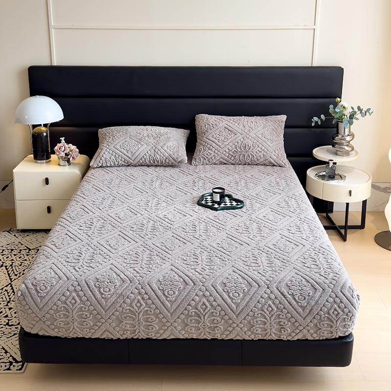 WOSTAR Winter Warm Coral Fleece Fitted Sheet Elastic Mattress Protector Cover Retro Style Bed Linens Luxury Double Bed King Size
