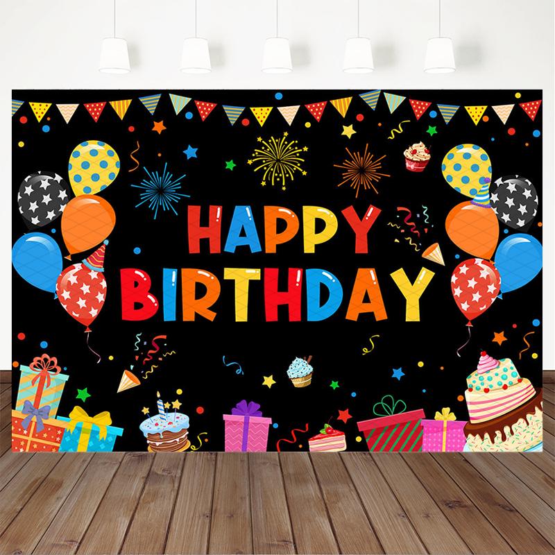 Mocsicka Colorful Happy Birthday Backdrop Black Tapestry Balloon Gift Cake Photography Background Party Decor Photo Booth Banner