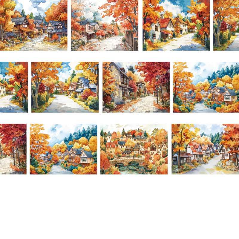 Pet Tape Journal Autumn Town Washi Collage Decoration Card Autumn Landscaping Collage