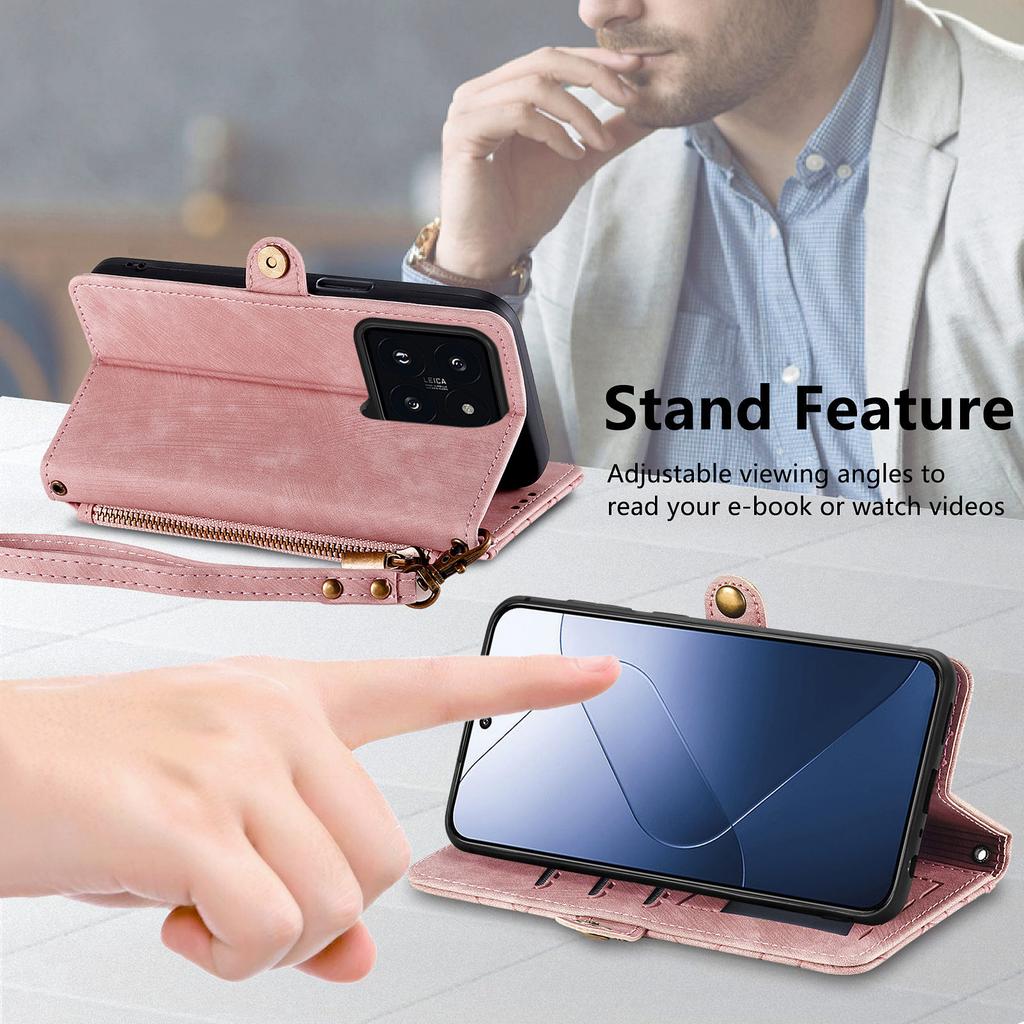 For Xiaomi 14T Pro Zipper Wallet Case Geometry Lines Leather Phone Cover with Strap