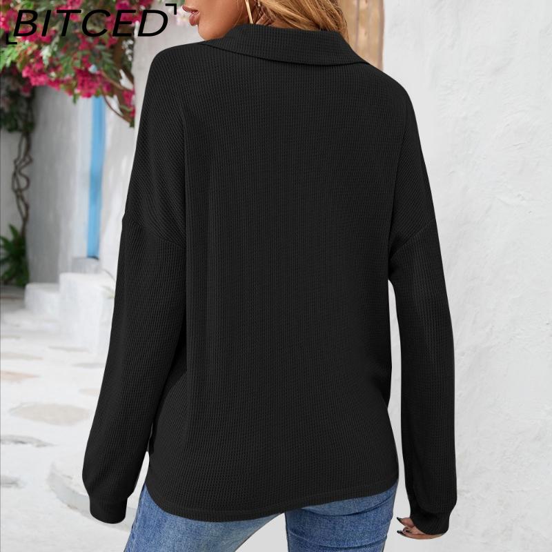 BITCED Women's Fall/Winter Polo Neck Button-Up Solid Color Long-Sleeve T-Shirt