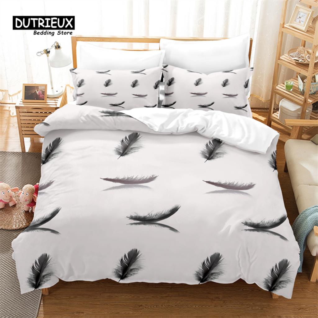 Feather Bedding Set, 3Pcs Duvet Cover Set, Soft Comfortable Breathable Duvet Cover, For Bedroom Guest Room Decor