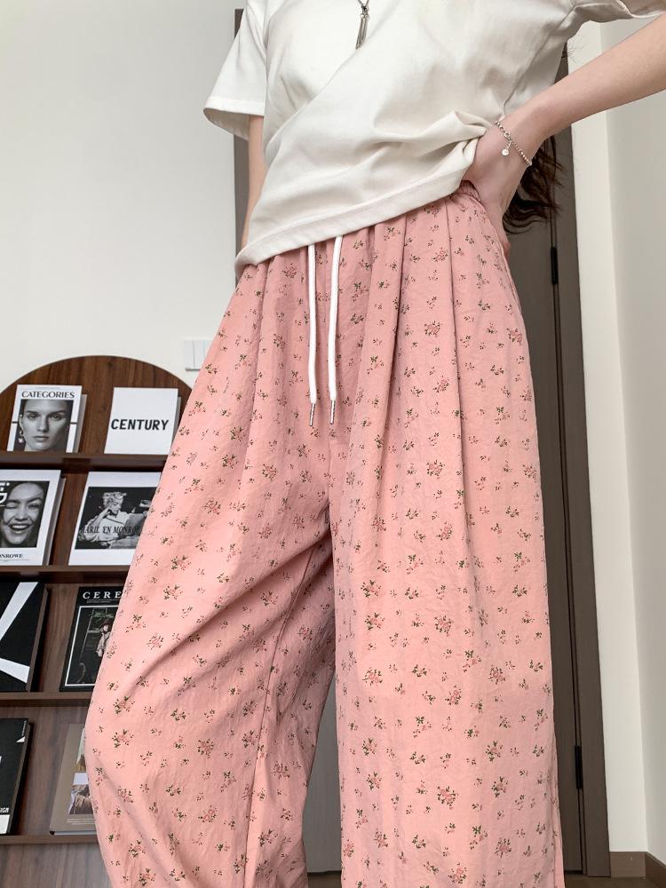 Korean Floral Wide-Leg High-Waist Drawstring Pants for Women - Spring/Summer