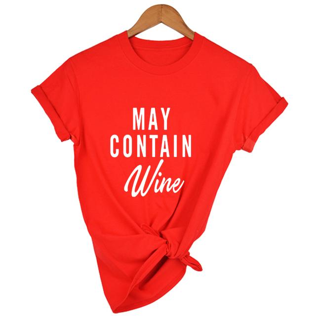 Kann Wein enthalten T-Shirt Alkohol Shirts Damen Buchstaben Print Tops Lustiges Trinkshirt Freizeit Kurz