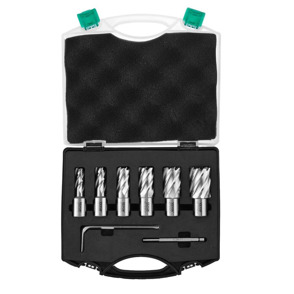 Annular Cutter Set, 6 pcs Weldon Shank Mag Drill Bits, 1" Cutting Depth, 1/2" to 1-1/16" Cutting Diameter, M2AL High-Speed Steel, with Pilot Pin and