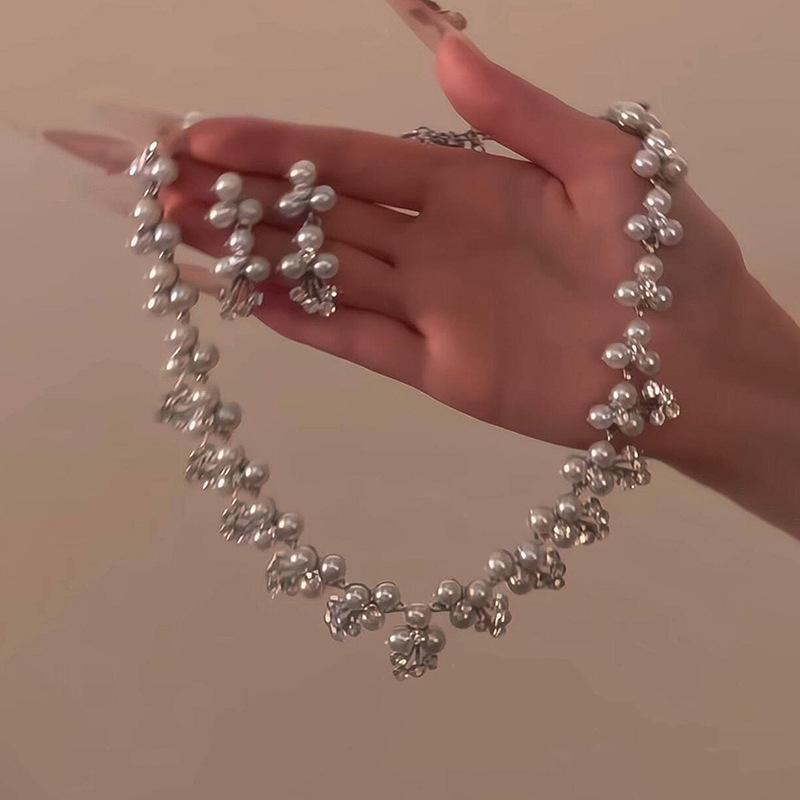 Elegant Diamond Flower Pearl Stud Earrings & Necklace Set