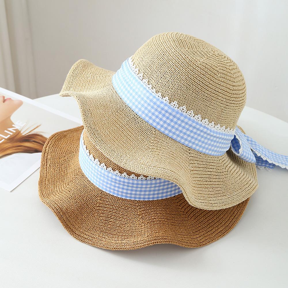 New Summer Women's Straw Hat Lace Butterfly Knot Wave Design Knitted Sunshade Beach Hat Korean Style Large Brim Fisherman Cap