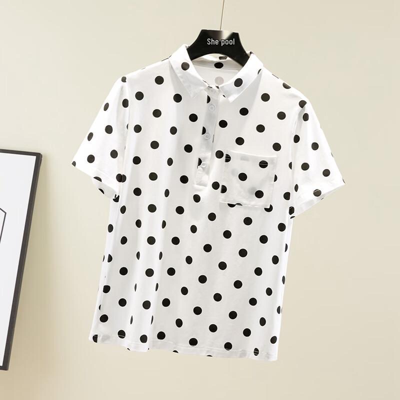 Women s Contrast Polka Dot Lapel T-Shirt L