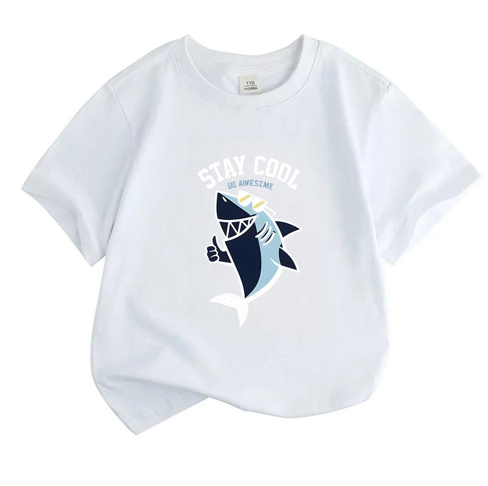 Kids Boys Girls 100% Cotton Crew Neck Short Sleeve T-Shirt, Cool Shark Print Stay Cool Be Awesome Casual Soft Lightweight Summer Tee for Children Dail
