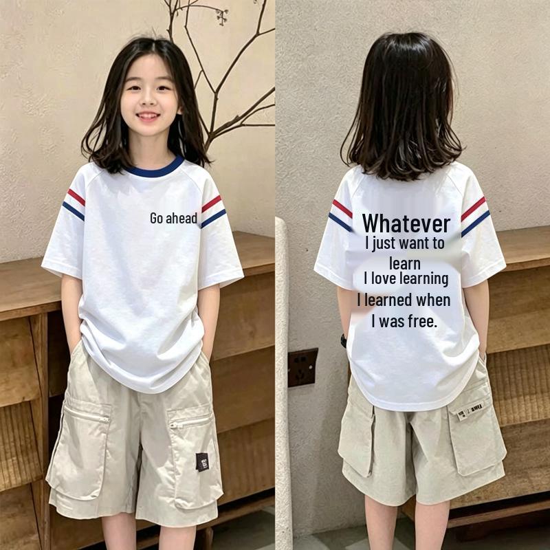 Summer Korean Style Color Block Loose T-shirt for Girls Aged 6-12 - Short Sleeve and Versatile