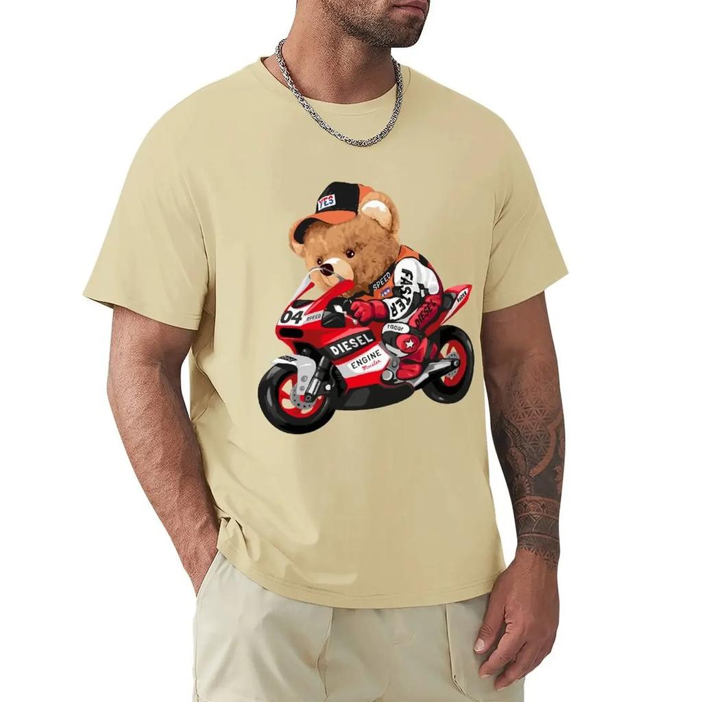 Cute Teddy Bear Riding Motorcycle T Shirt Harajuku Short Sleeve T-shirt 100% Cotton Graphics Tshirt Tops