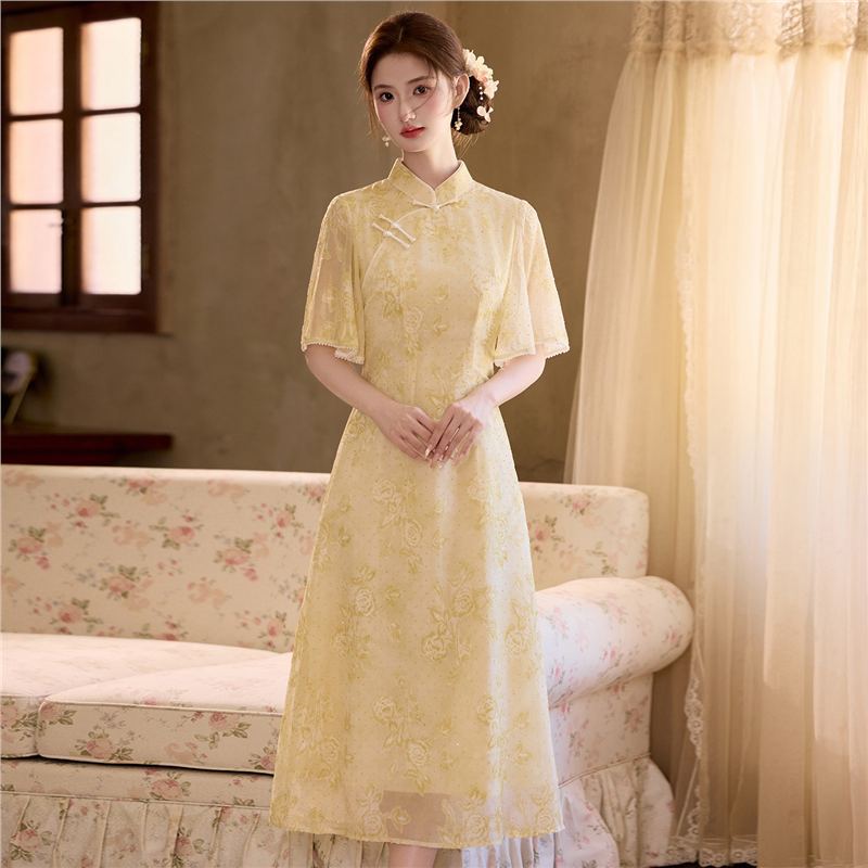 Blue new Chinese retro national style inverted big-sleeved Aodai cheongsam 1011 new young high-end daily wear