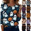 Women's Casual Halloween Print Round Neck Three Quarter Sleeve T Shirt Top Lightweight Comfortable Fit Seasonal Style