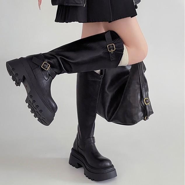 2025 autumn British style leather boots platform belt buckle knight boots women's fashion retro versatile but knee fashion boots