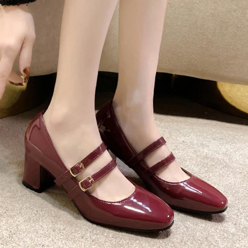 Elegant Women's Chunky Heels Mary Jane Shoes Patent Leather High Heels Party Shoes Square Toe Double Ankle Strap Pumps for Women