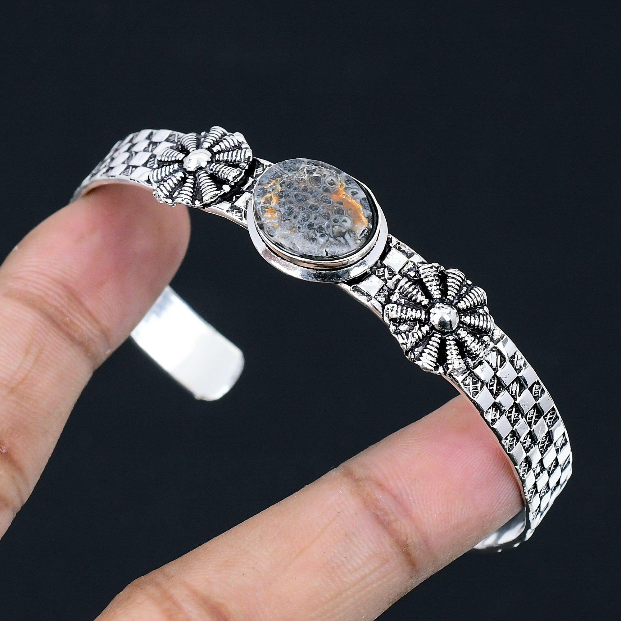 

Halloween Deal Oval Stingray Coral Stone Artisan Wedding Bangle Sterling Silver Adjustable