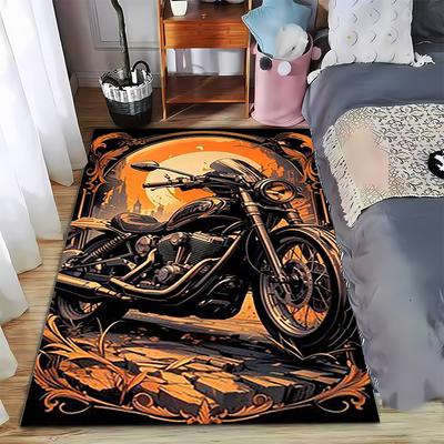 Motorcycle Design Carpet with Orange Sunset Gothic Style Pattern Suitable for Use As an Anti-slip for Living Room Bedroom Sofas
