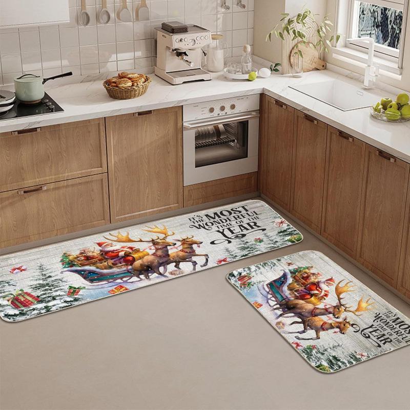 Christmas Velvet Non-Slip Water-Absorbent Floor Mat Set - Easy Clean, Dirt Resistant, Decorative Kitchen Rugs.