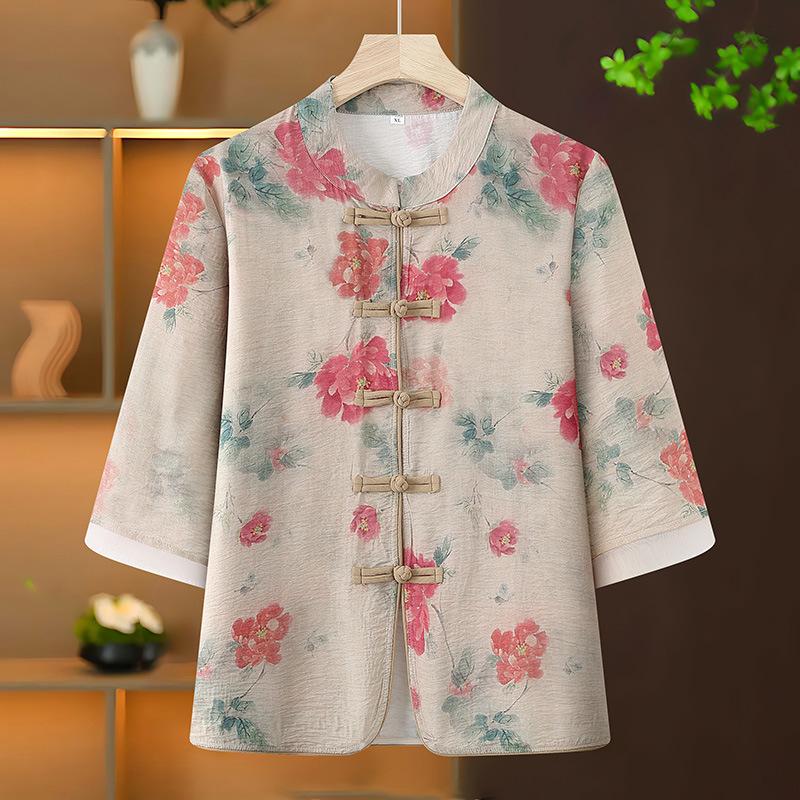 

Женский чайный костюм в китайском стиле с ретро-принтом 2025: Свободный кардиган-рубашка с рукавом три четверти и застежкой-лягушкой. 4XL for 135-145 jin