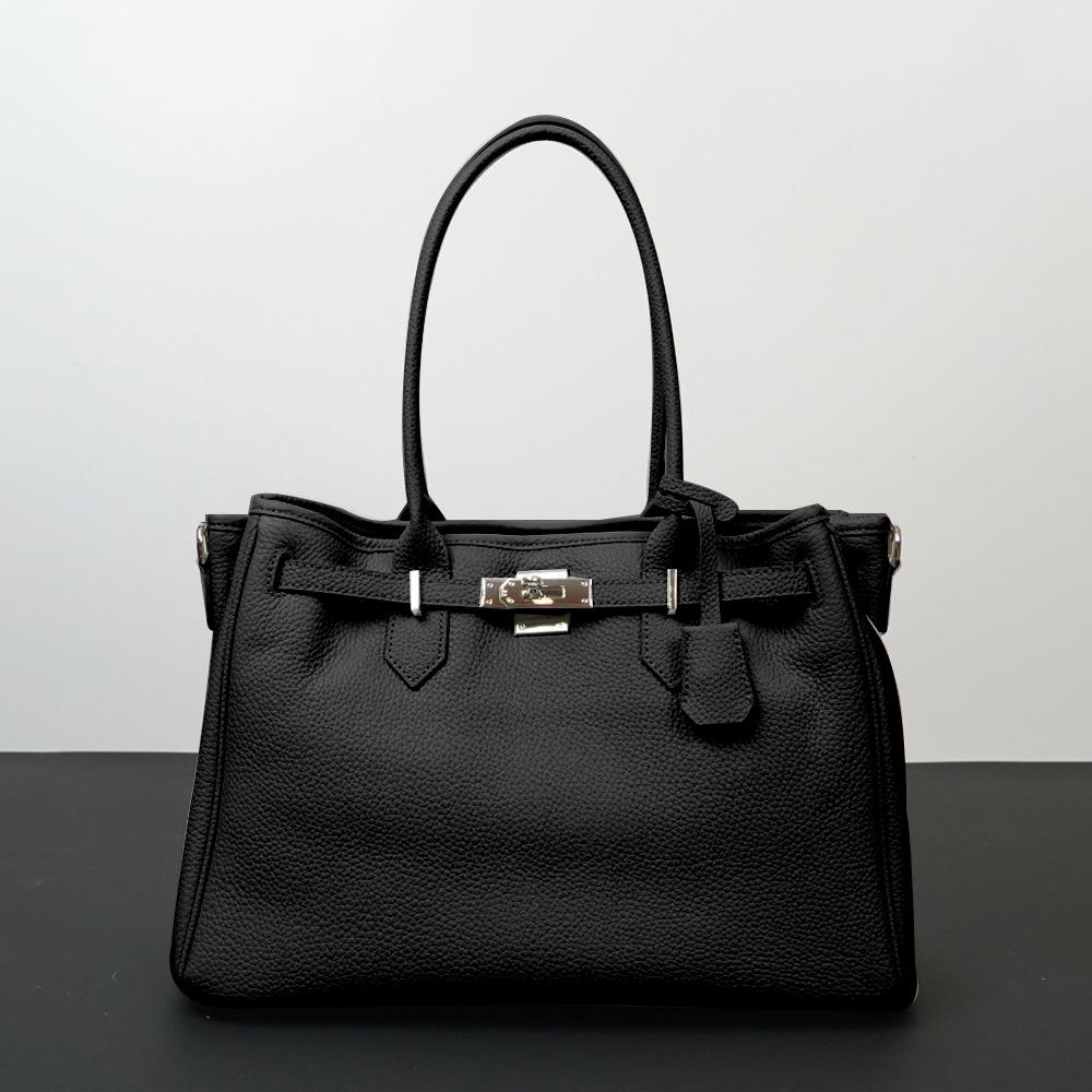 The first layer of cowhide casual versatile large-capacity lock tote bag genuine leather commuter handbag solid color messenger чёрный