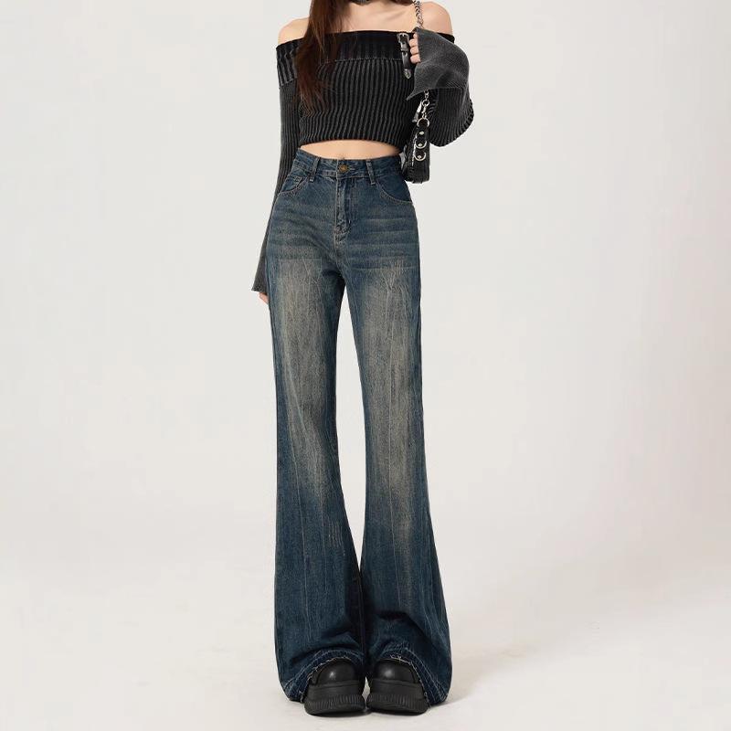 

Women s High-Waist Retro Blue Micro-Flare Jeans - Spring, Loose, Slimming, Non-Clinging Horseshoe Fit M