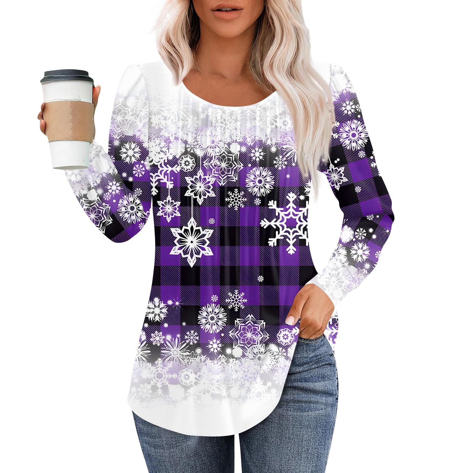 

Рубашки с длинным рукавом для женщин, топы, нарядные повседневные блузки с рождественским принтом, плиссированные туники с круглым вырезом L фиолетовый