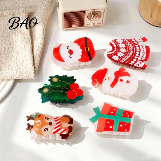 Exquisite Gift for Friends Christmas Hair Claw Clip Women, Acrylic Festive Accessories with Elk Santa Snowflake Durable Clips Patterns, Non