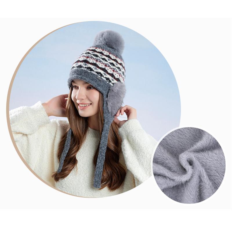 Winter Outdoor Cold-Proof Bomber Hat Big Head Circumference Knitted Wool Hat Women Velvet Warm Ear Protection Cap