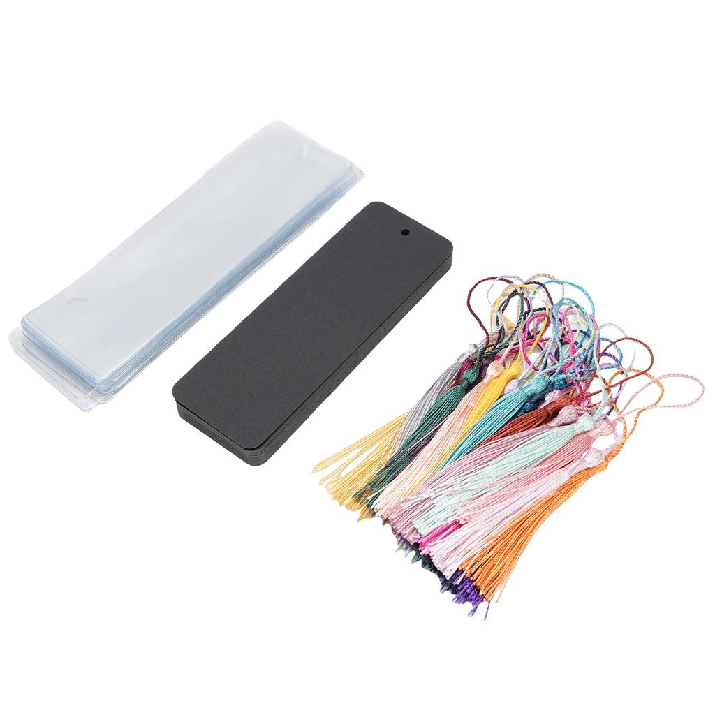 Blankt Bokmärkeset med Tofsar och Skyddsfickor Pappersbokmärken med Rundade Hörn Hantverkssats för Dekoration Svart