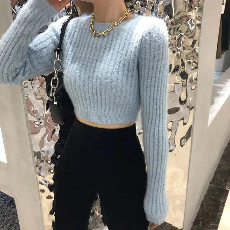 Pullover Short Sweater Women Autumn and Winter Imitation Mohair Outerwear Knit Long Sleeve O Neck Solid Sweater Pullover Female