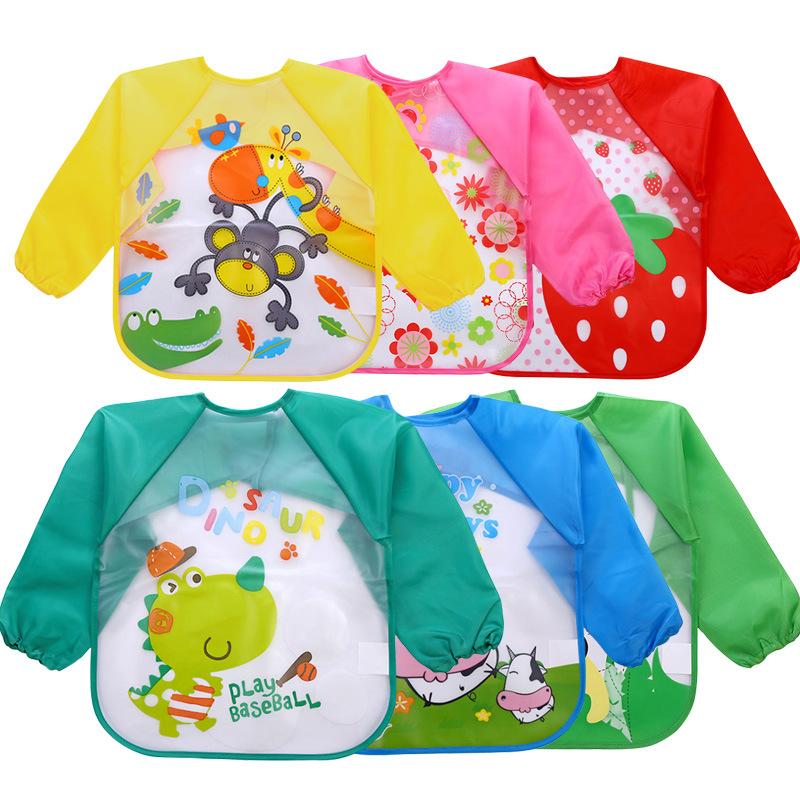0-3 Years Baby Waterproof Anti-dirty Bib Long Sleeve Art Painting Apron Strap Smock Soft Feeding Bib Cartoon Kindergarten Gown
