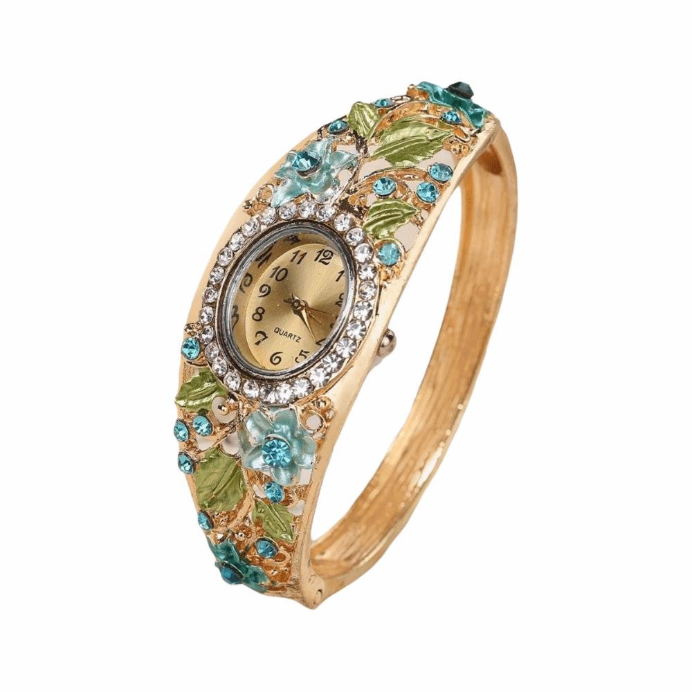 

Quartz Movement Rhinestone Bracelet Wristwatch Round Dial Floral Watch Set Ladies Wear 1Pcs