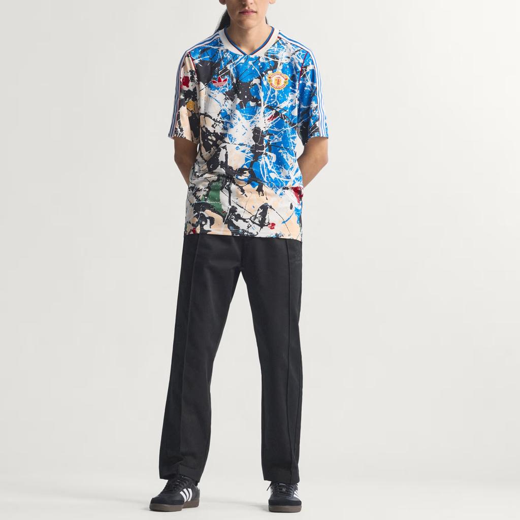 Adidas Originals Manchester United Stone Roses Slim Fit V-Neck Striped Short Sleeve Football Shirt Men tops JZ7098