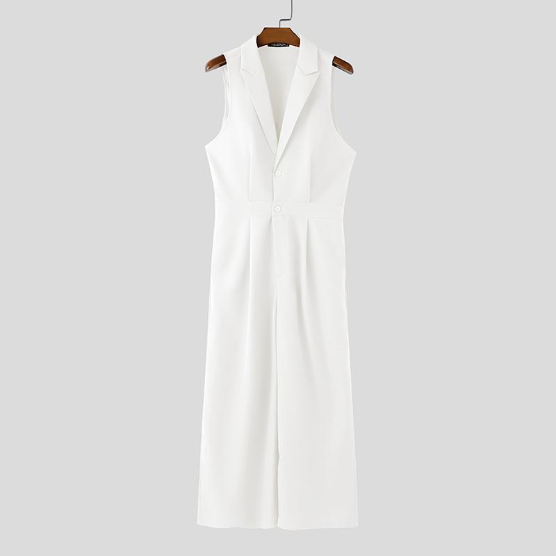 INCERUN Men Lapel Neck Sleeveless Button Up Casual Loose Long Rompers Jumpsuits M белый