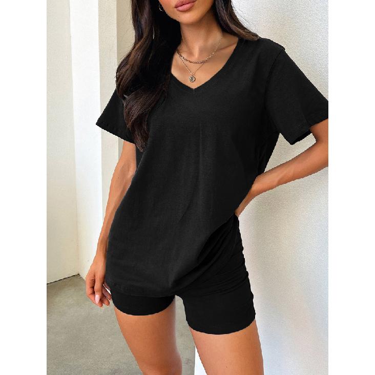 Short Sleeved Spring And Summer New V-Neck Casual Daily Temperament Solid Color Fashion Suit For Women