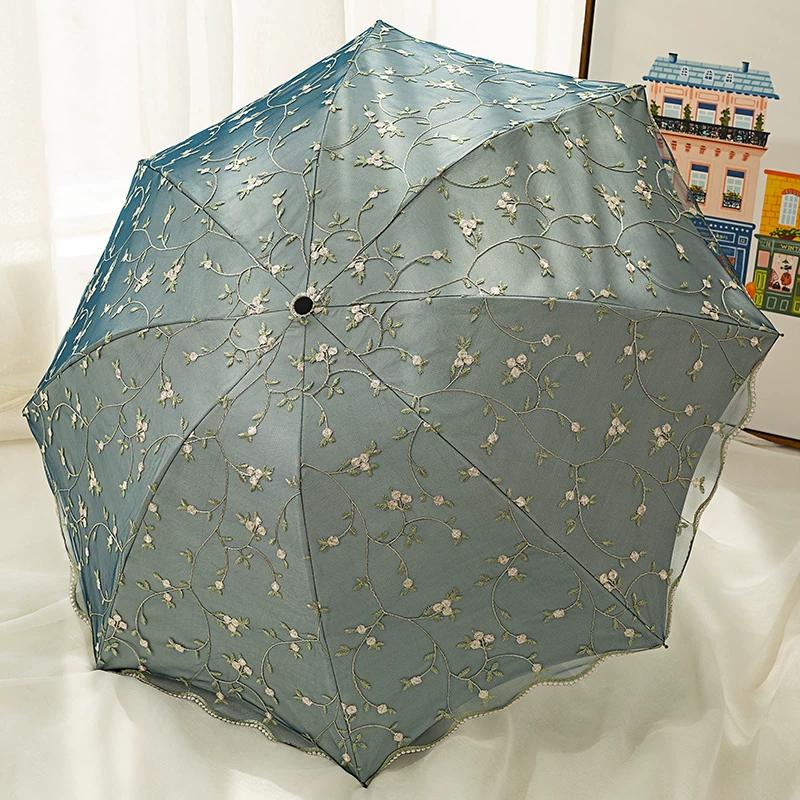 Double-Layer Lace Embroidered Sun Umbrella for Women, Black Glue Coating for Sun Protection and Uv Protection, Princess Umbrella, Sunshade and Rain